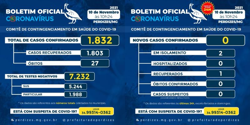 Perdizes/MG - Covid-19: Atualização em 10/11/2021.